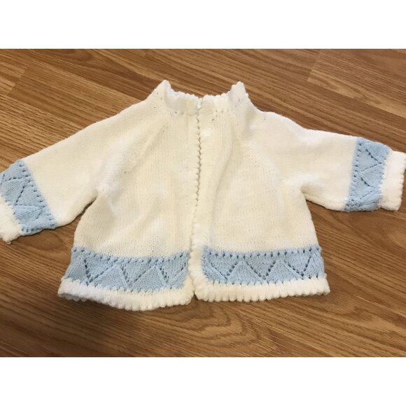 Hand-Knitted Baby Set Jacket Booties & Hat In White & Blue Cute Warmth For Lil's - Picture 3 of 11